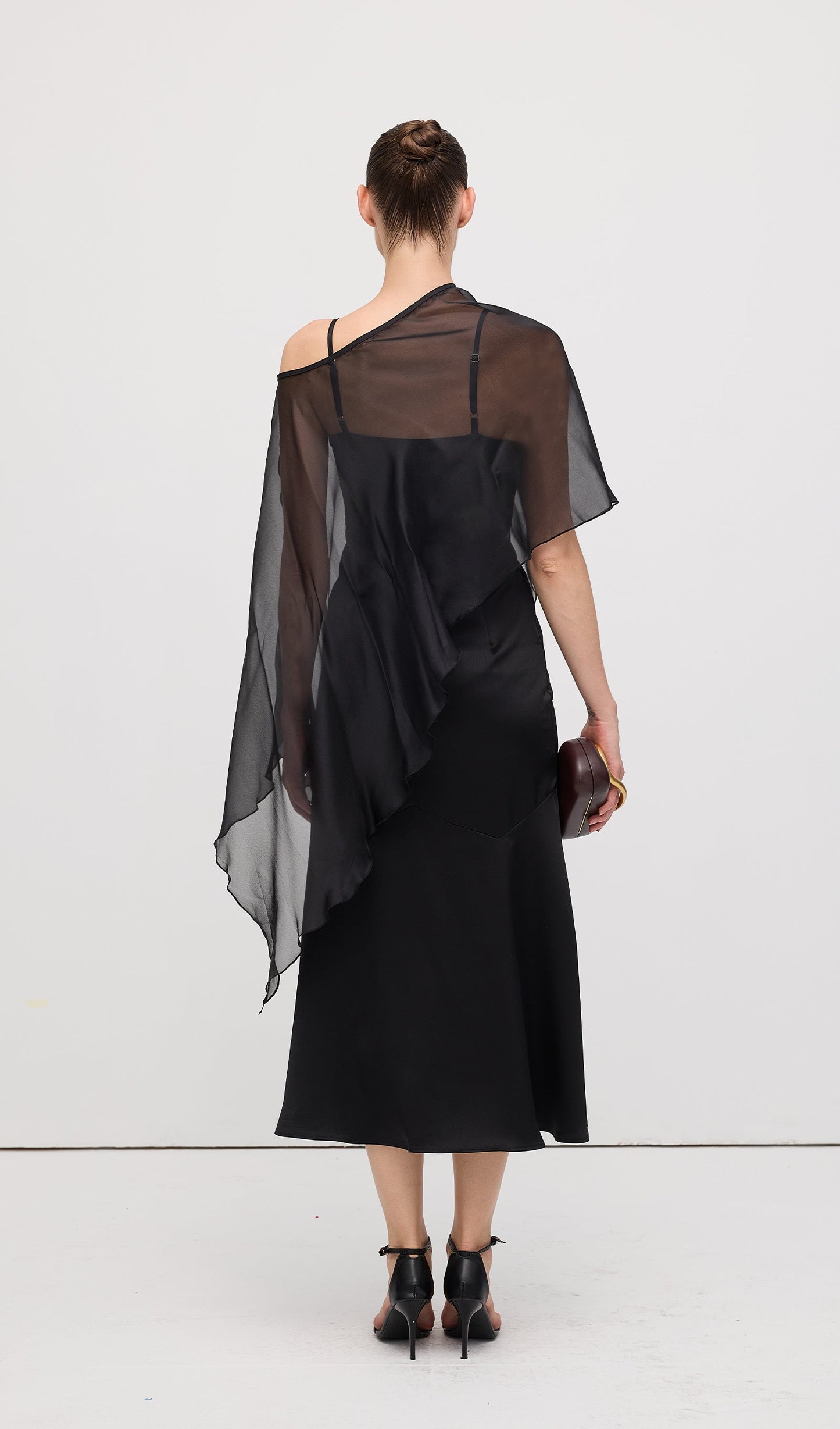 Asymmetric Cape With Satin Midi Dress