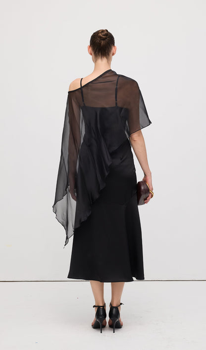 Asymmetric Cape With Satin Midi Dress