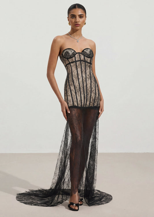 Strapless Black Floral Lace Corset Maxi Dress
