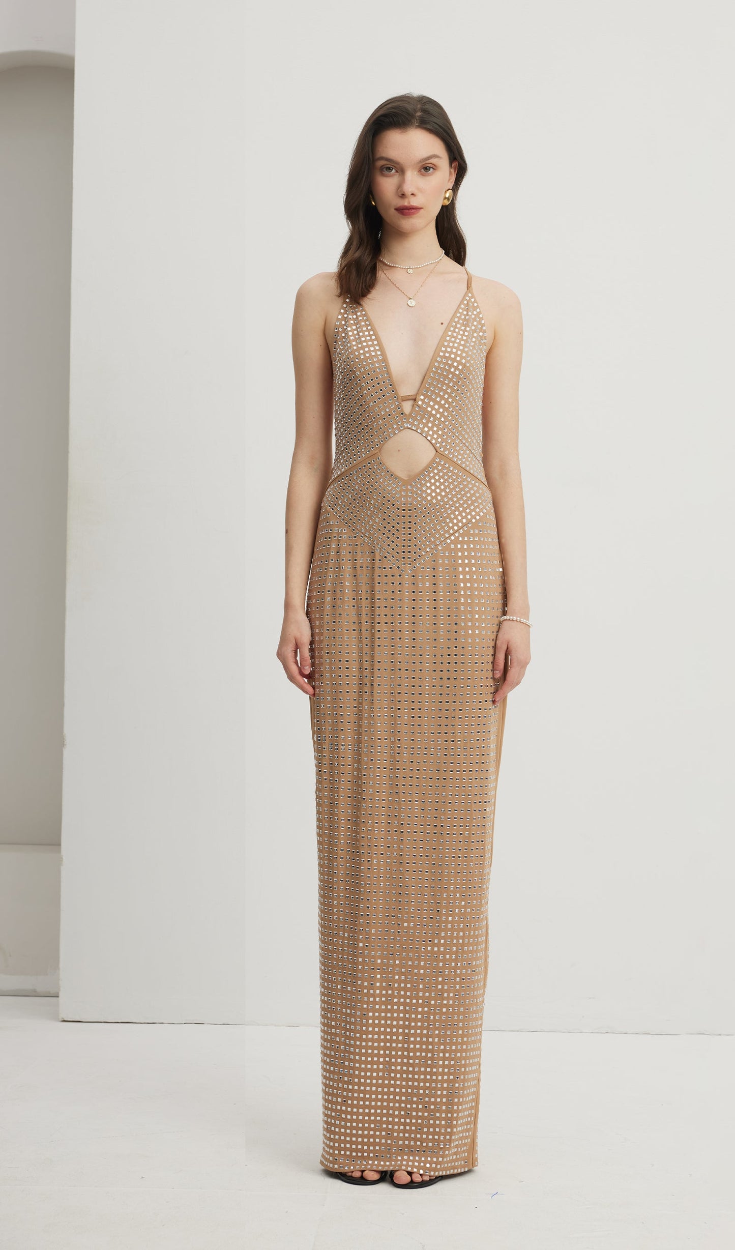 Embellished Cut-Out Maxi Dress Nude