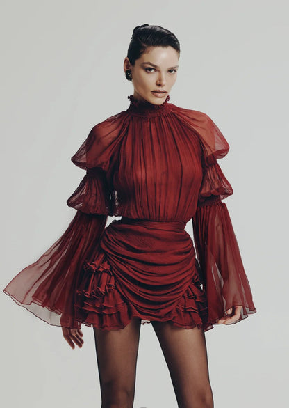 Pleated Silk-Chiffon Slit Mini Dress In Claret