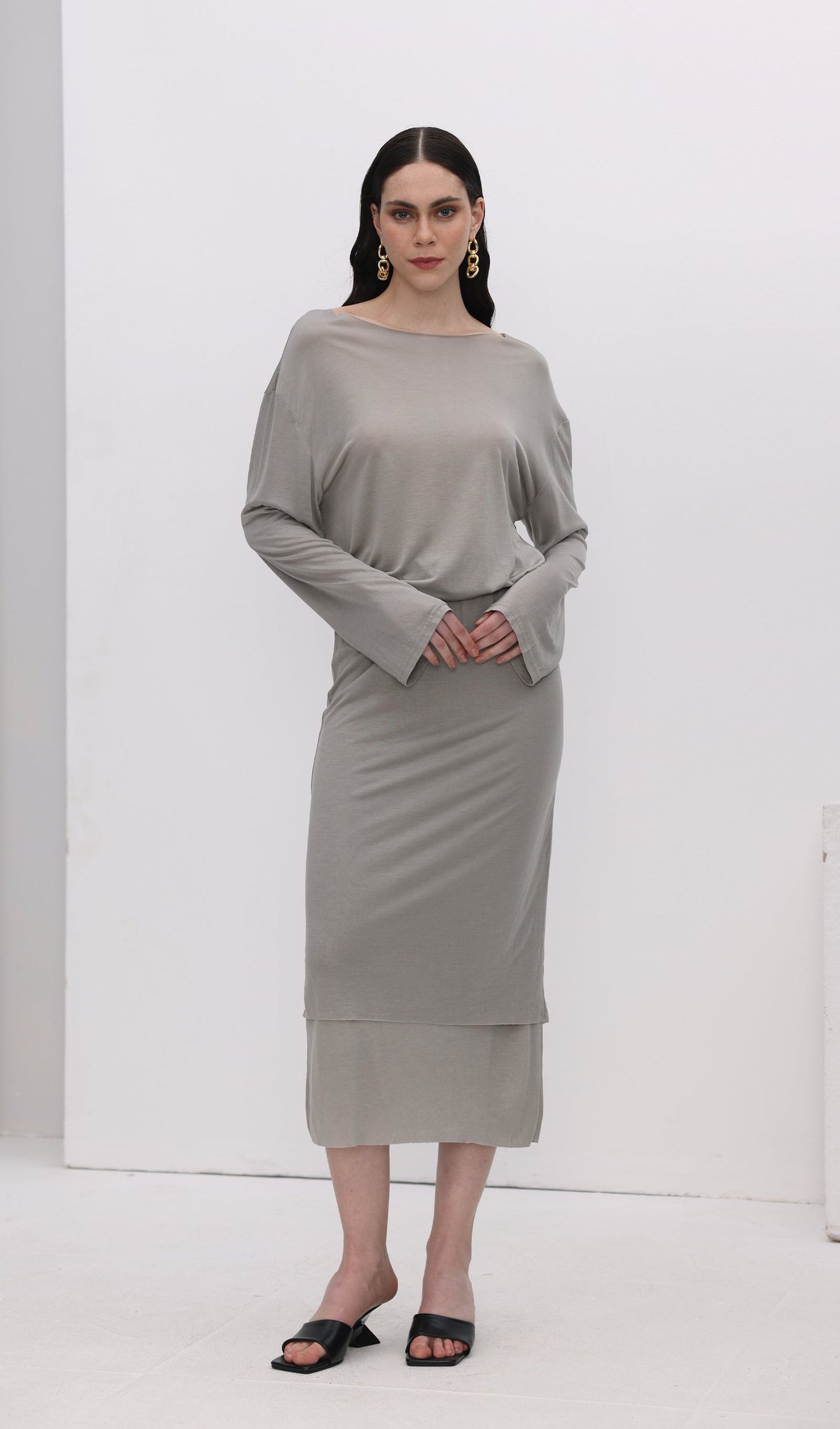 Long Sleeve Midi Skirt Two Piece Sets