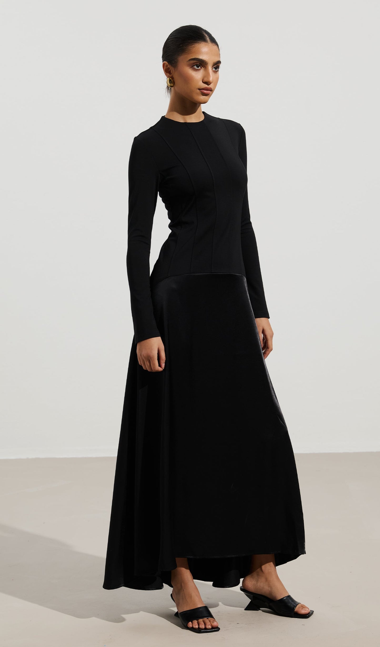 Knitted Satin Maxi Dress In Black