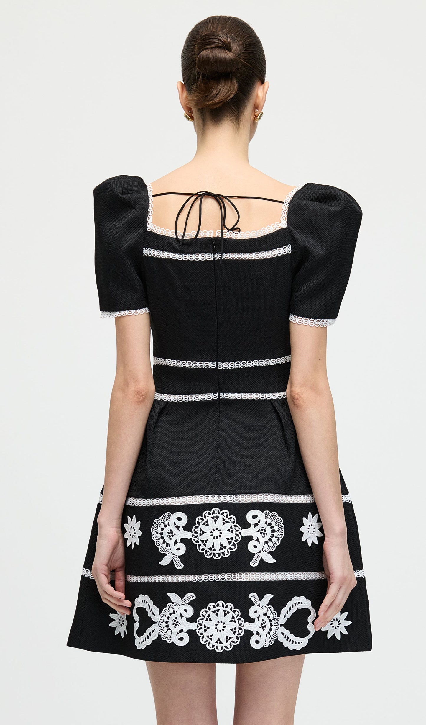 A Line Embroidered Puff Sleeves Mini Dress