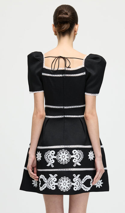 A Line Embroidered Puff Sleeves Mini Dress