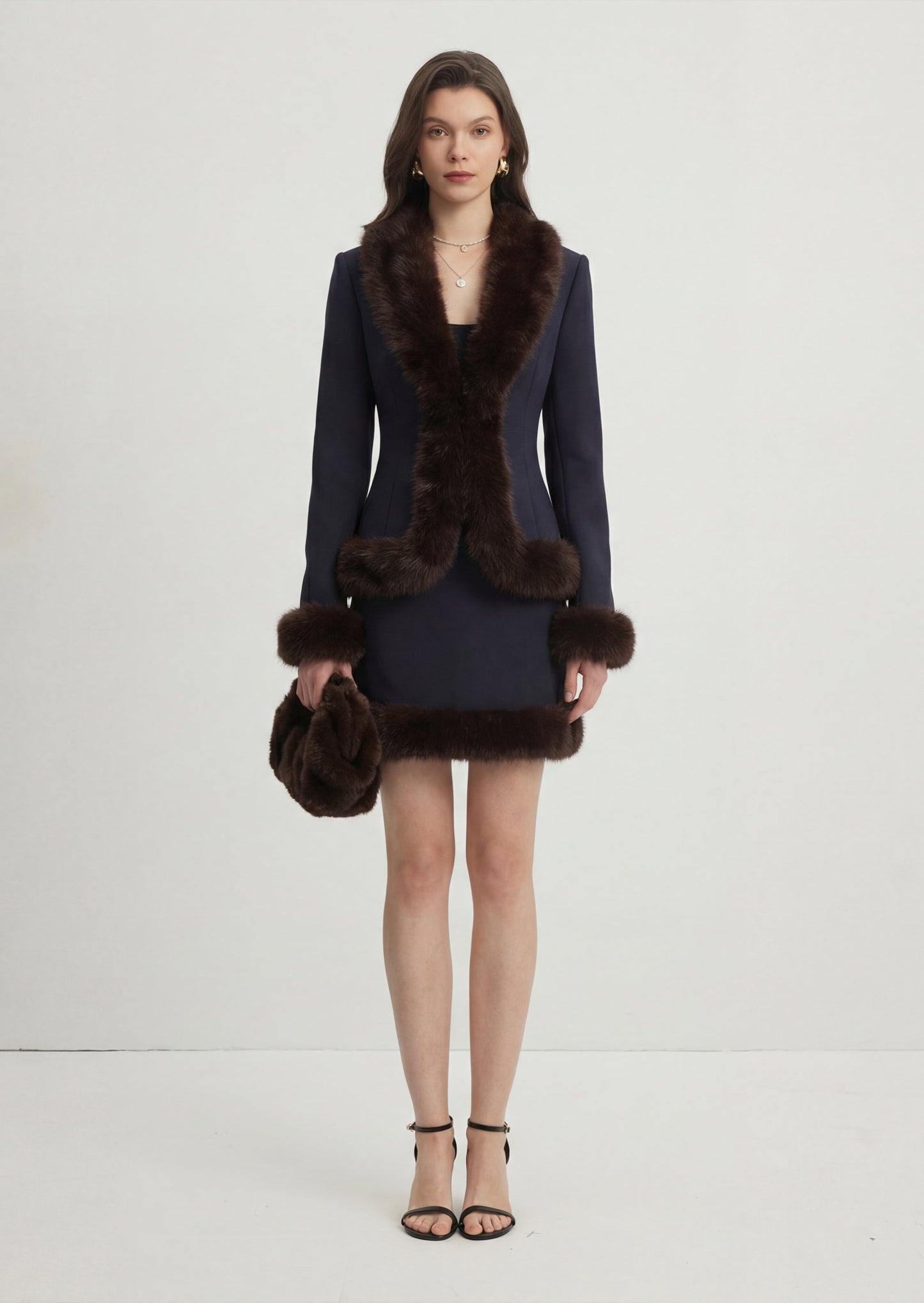 Fur Trim Jacket & Sleeveless Mini Dress Set