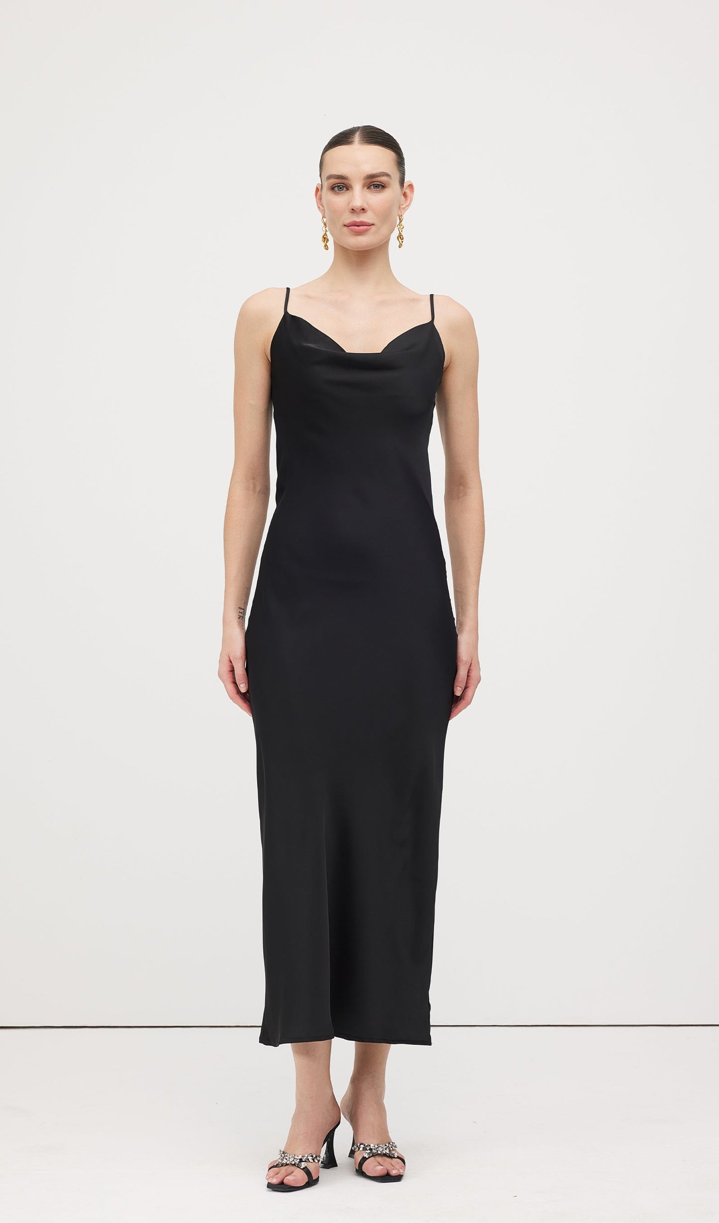 Swing Neck Satin Slip Midi Dress