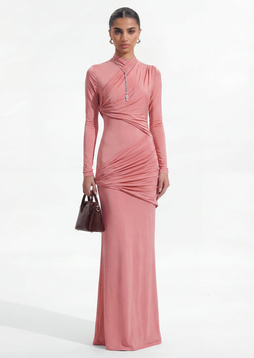Aria High Neckline Maxi Dress In Pink