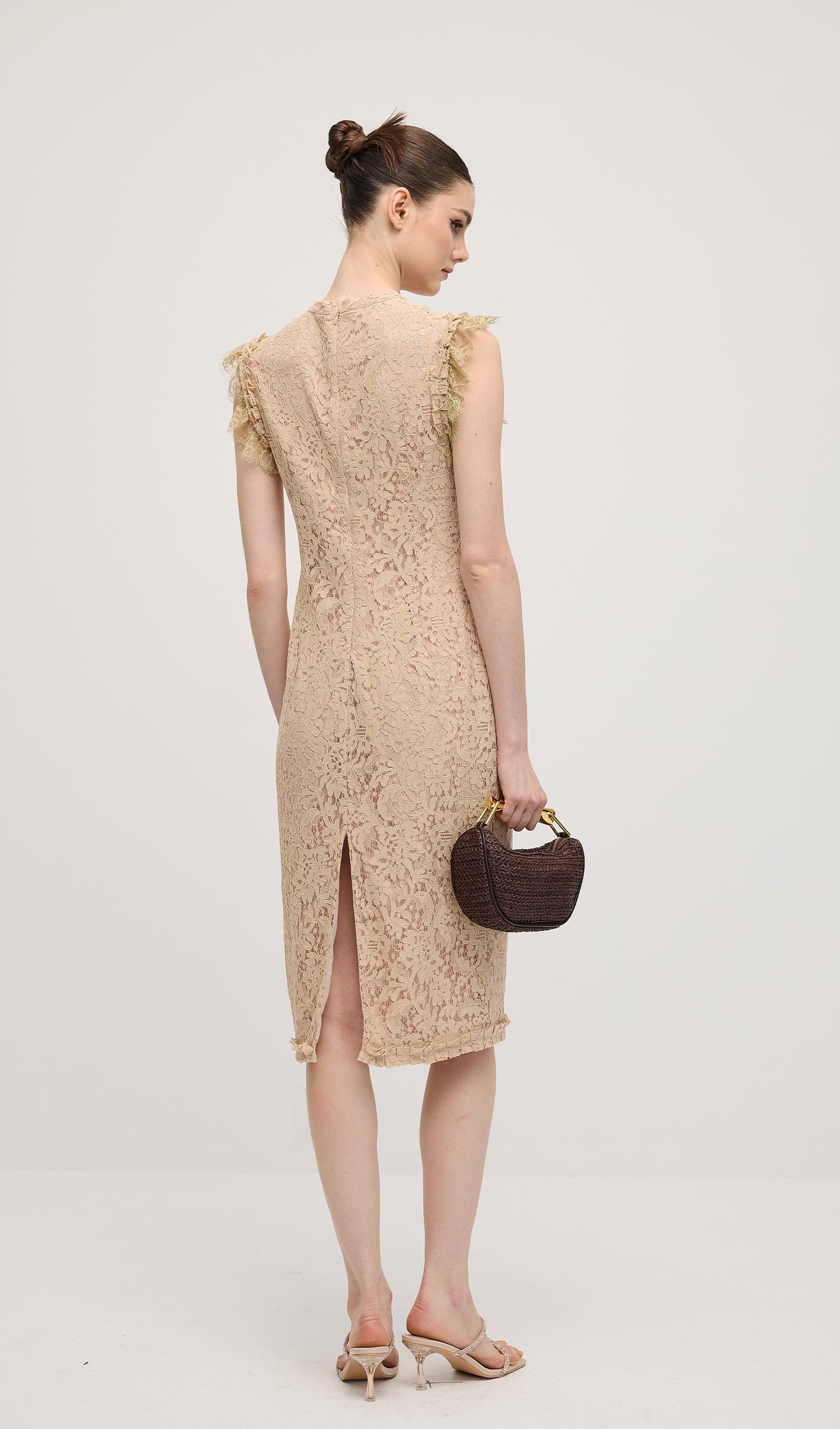 Vintage Embroidered Ruffled Lace Midi Dress