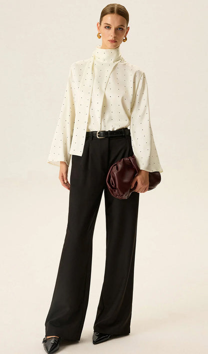 Polka Dot Satin High-Neck Blouse