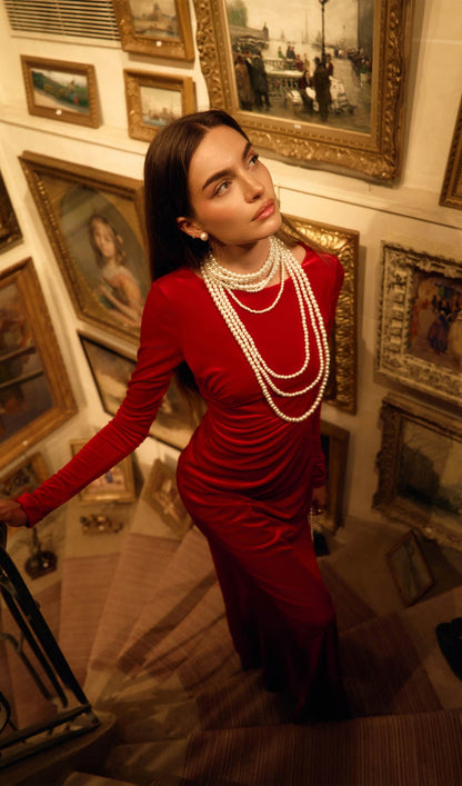 Long Sleeved Gathers  Maxi Dress Red