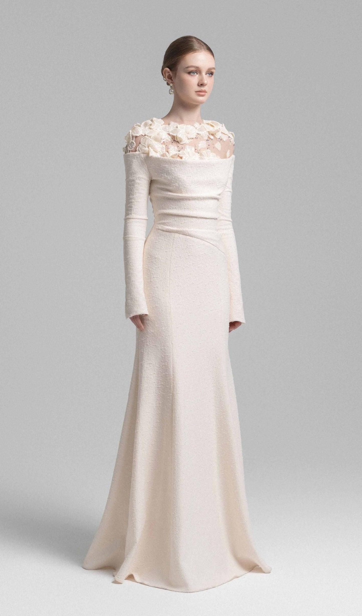 Draped Crystal Midi Dress In Cream