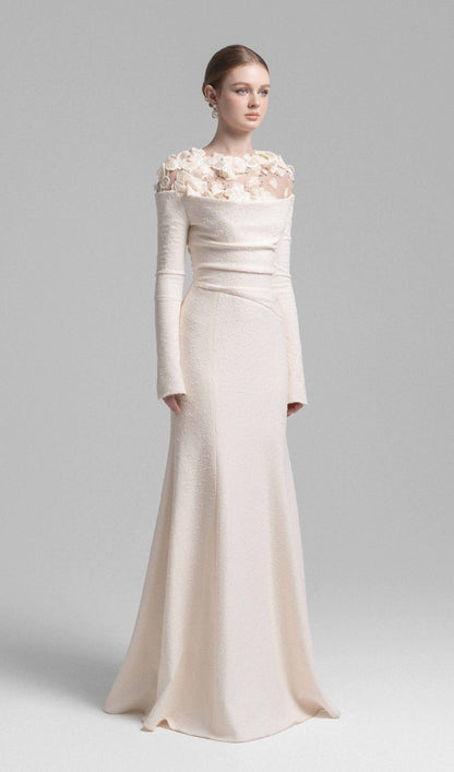 Draped Crystal Midi Dress In Cream