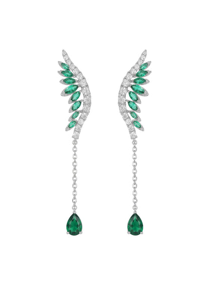 Green Crystal & Silvertone Wings Earrings