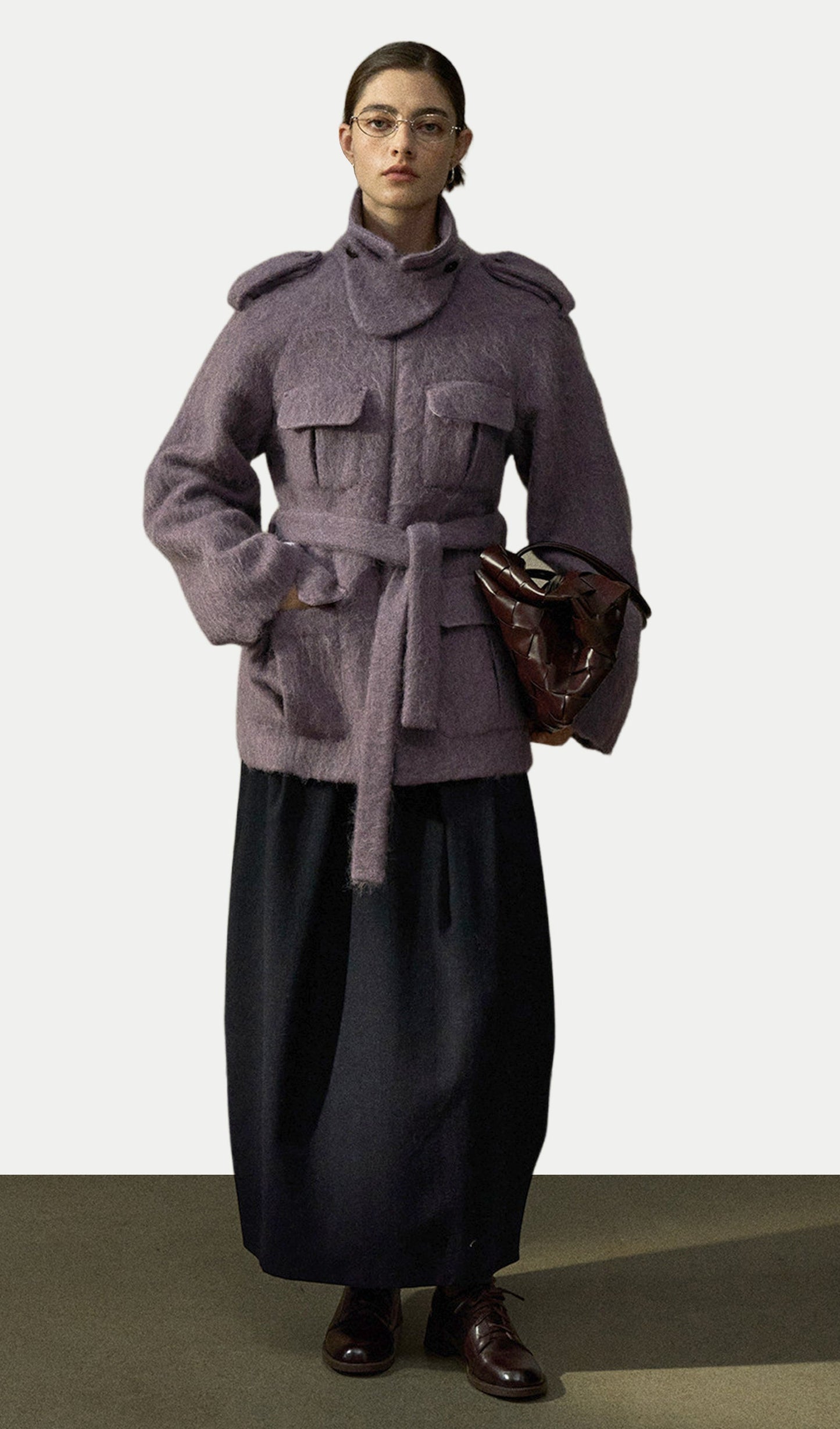 Stand-Up Collar Fitted Wool Coat In Purple