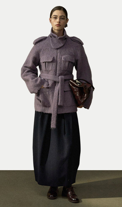 Stand-Up Collar Fitted Wool Coat In Purple
