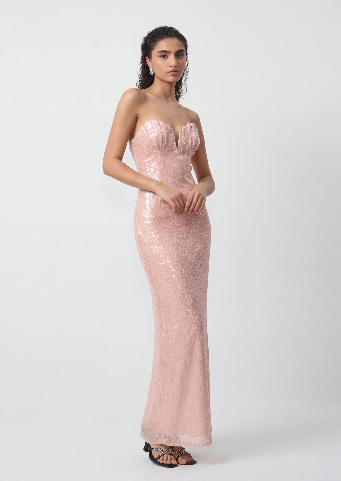 Cambria Bow Sequin Scalloped Maxi Dress In Pink