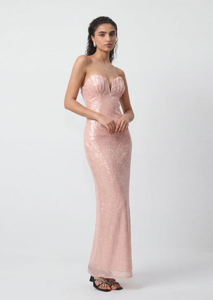 Cambria Bow Sequin Scalloped Maxi Dress In Pink