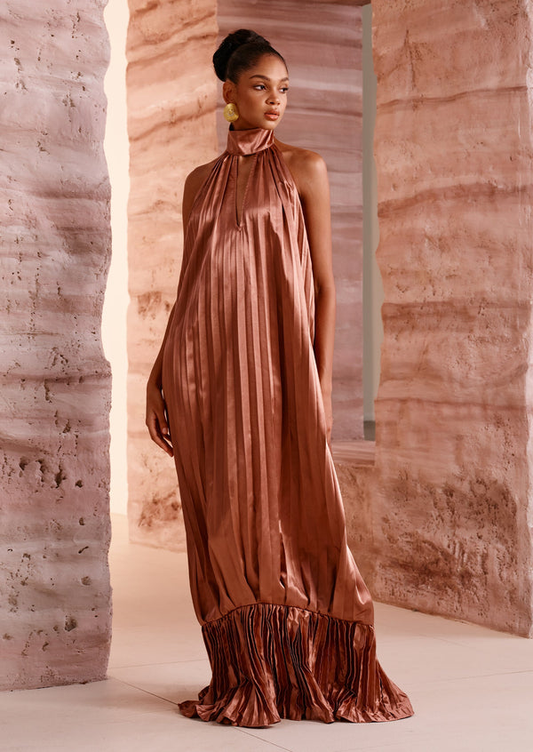 Sleeveless V Neckline Pleats Ruffled Maxi Dress