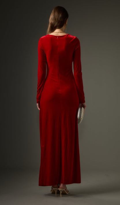 Long Sleeved Gathers  Maxi Dress In Red