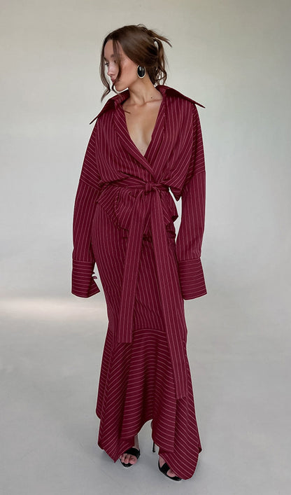 Striped Deep V Neck Tie-Up Maxi Skirt Two Piece Set