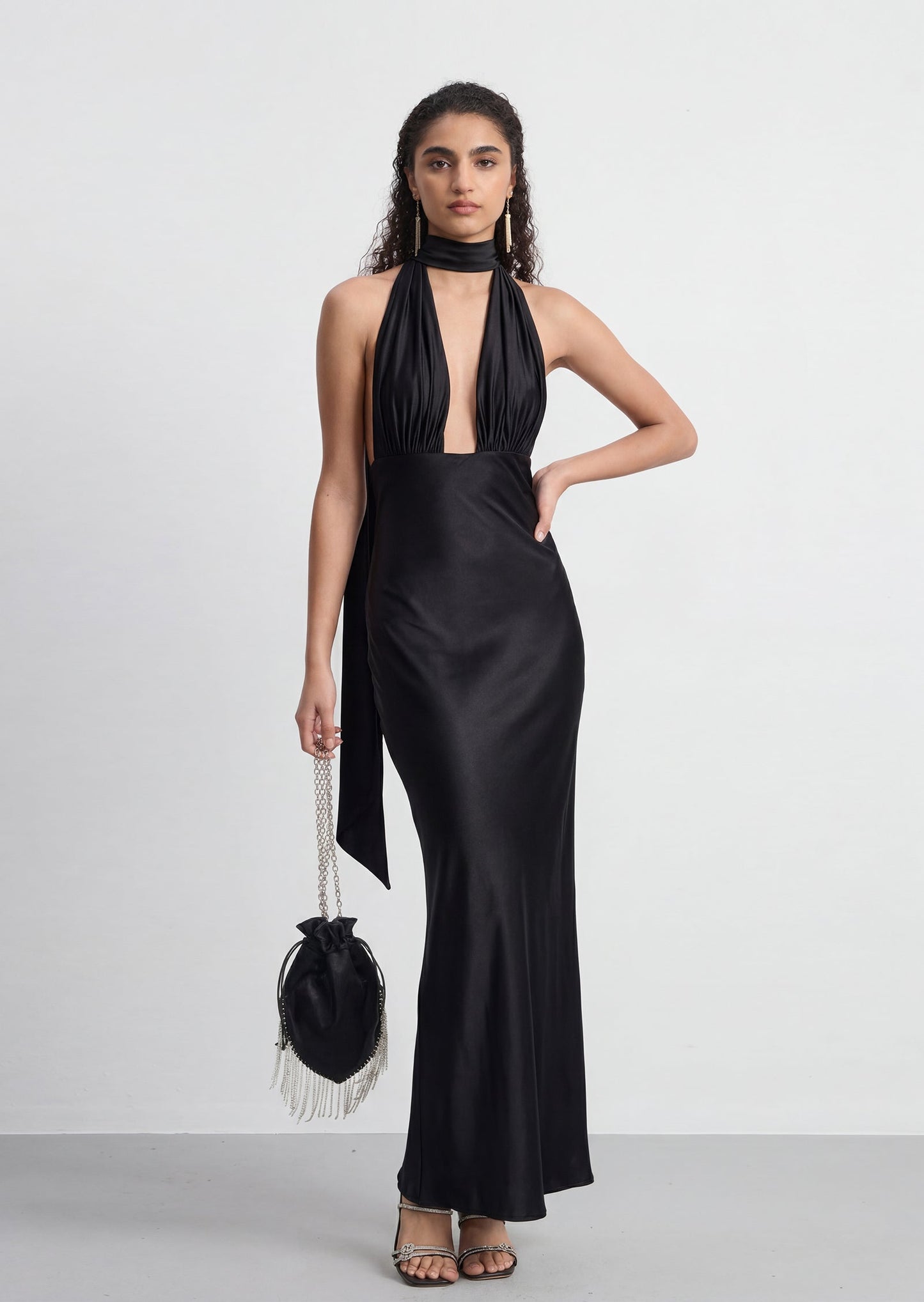 Athena plunging V Neck Satin Maxi Dress In Black