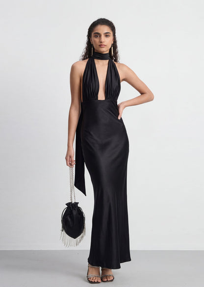 Athena plunging V Neck Satin Maxi Dress In Black