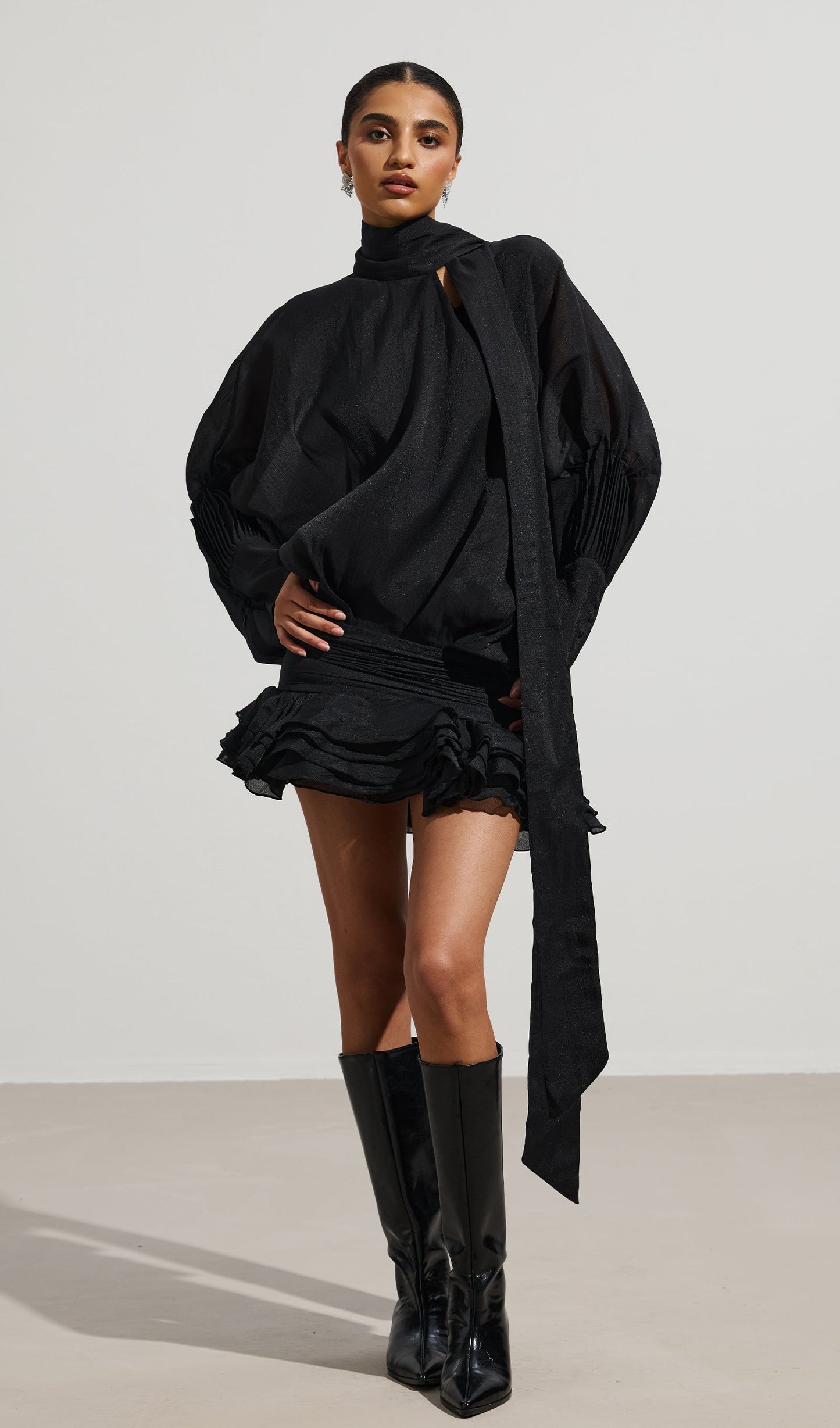 High Neck Tiered Mini Dress In Black