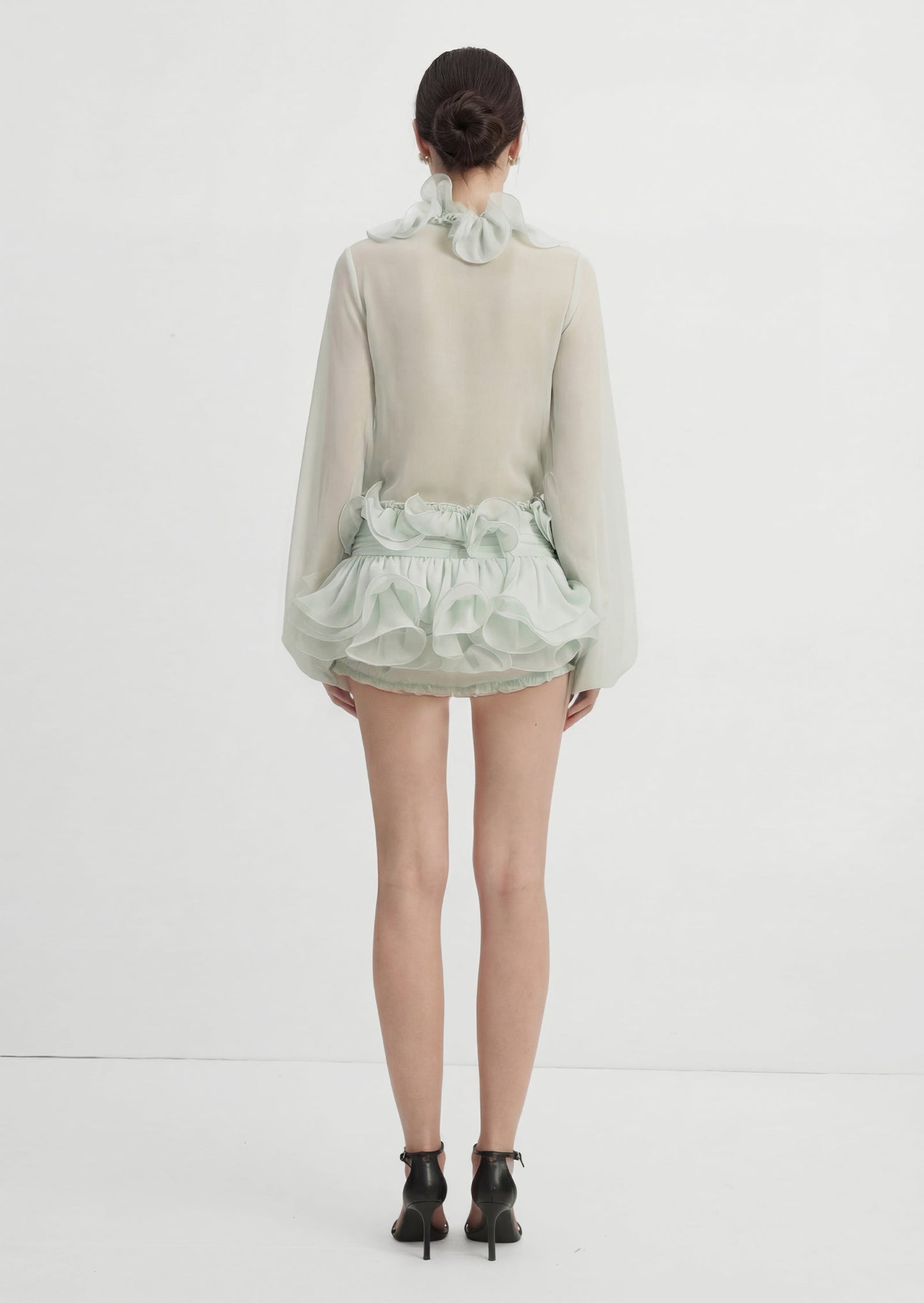 Flounced Chiffon Blouse & Skirt Two Piece Set