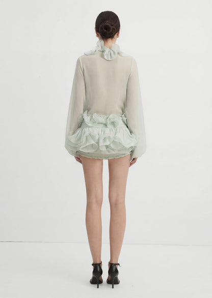Flounced Chiffon Blouse & Skirt Two Piece Set
