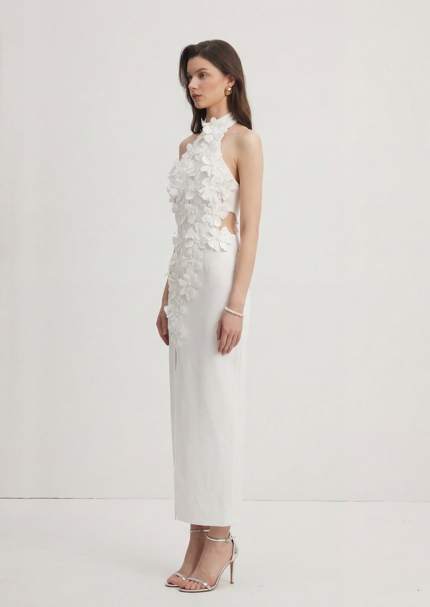 Flower Appliqued Halter Slit Maxi Dress