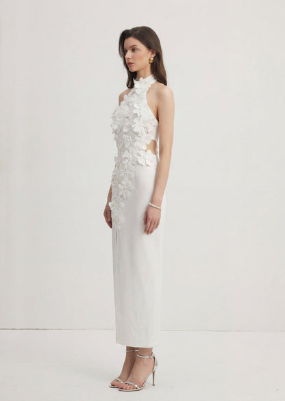 Flower Appliqued Halter Slit Maxi Dress