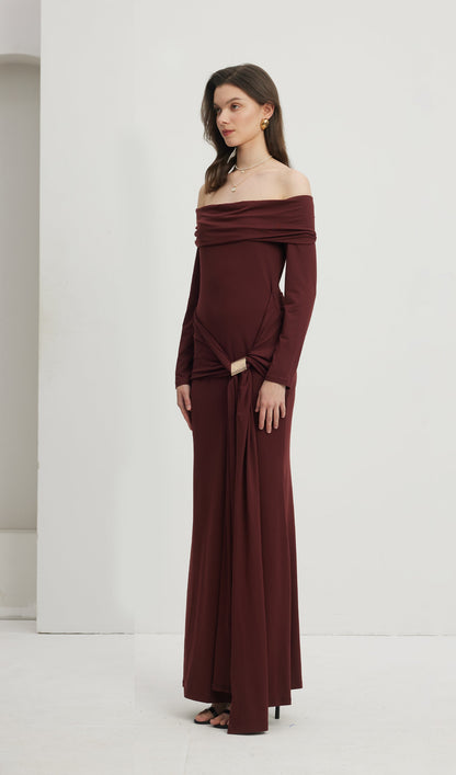 Off Shoulder Ruffle Maxi Dress Reddish Brown
