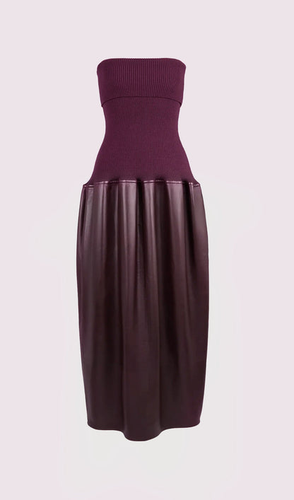 Knitted And Leather Patchwork Midi Dress