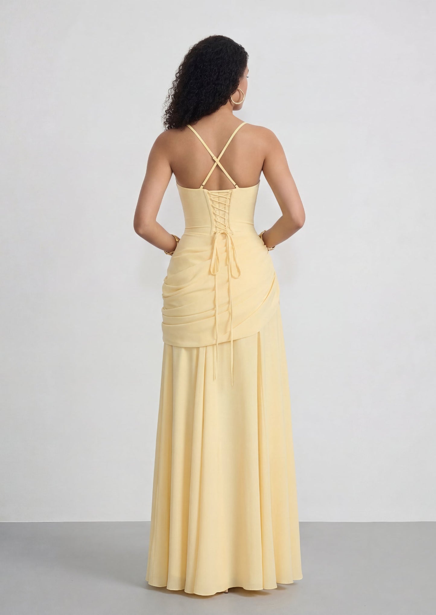 Sura Asymmetric Pleating Maxi Dress In lemon