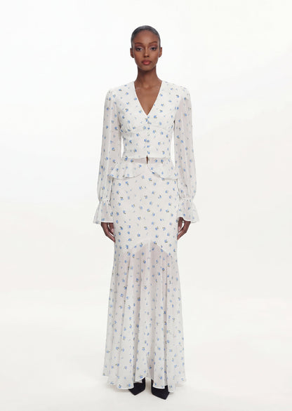 Printed V Neck Shirt & Fishtail Maxi Skirt Set