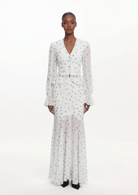 Printed V Neck Shirt & Fishtail Maxi Skirt Set