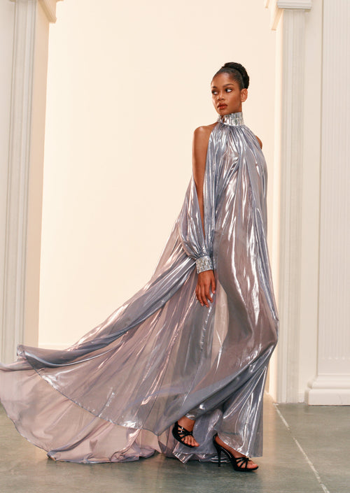 Silver Chiffon Lamé Maxi Dress With Halter Neck