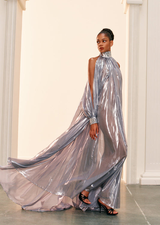 Silver Chiffon Lamé Maxi Dress With Halter Neck