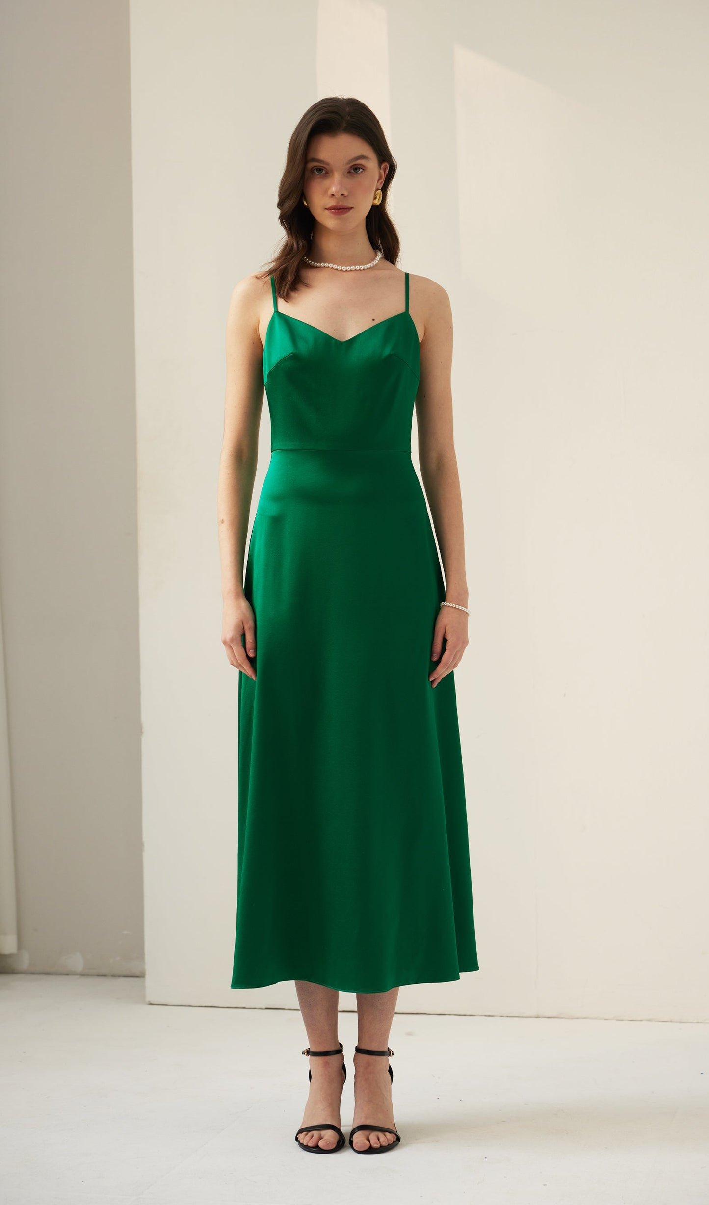 Silk Pearl Midi Dress-Green