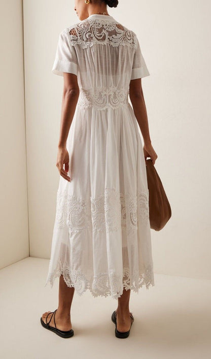 Lace Trimmed Cotton Gauze Midi Dress