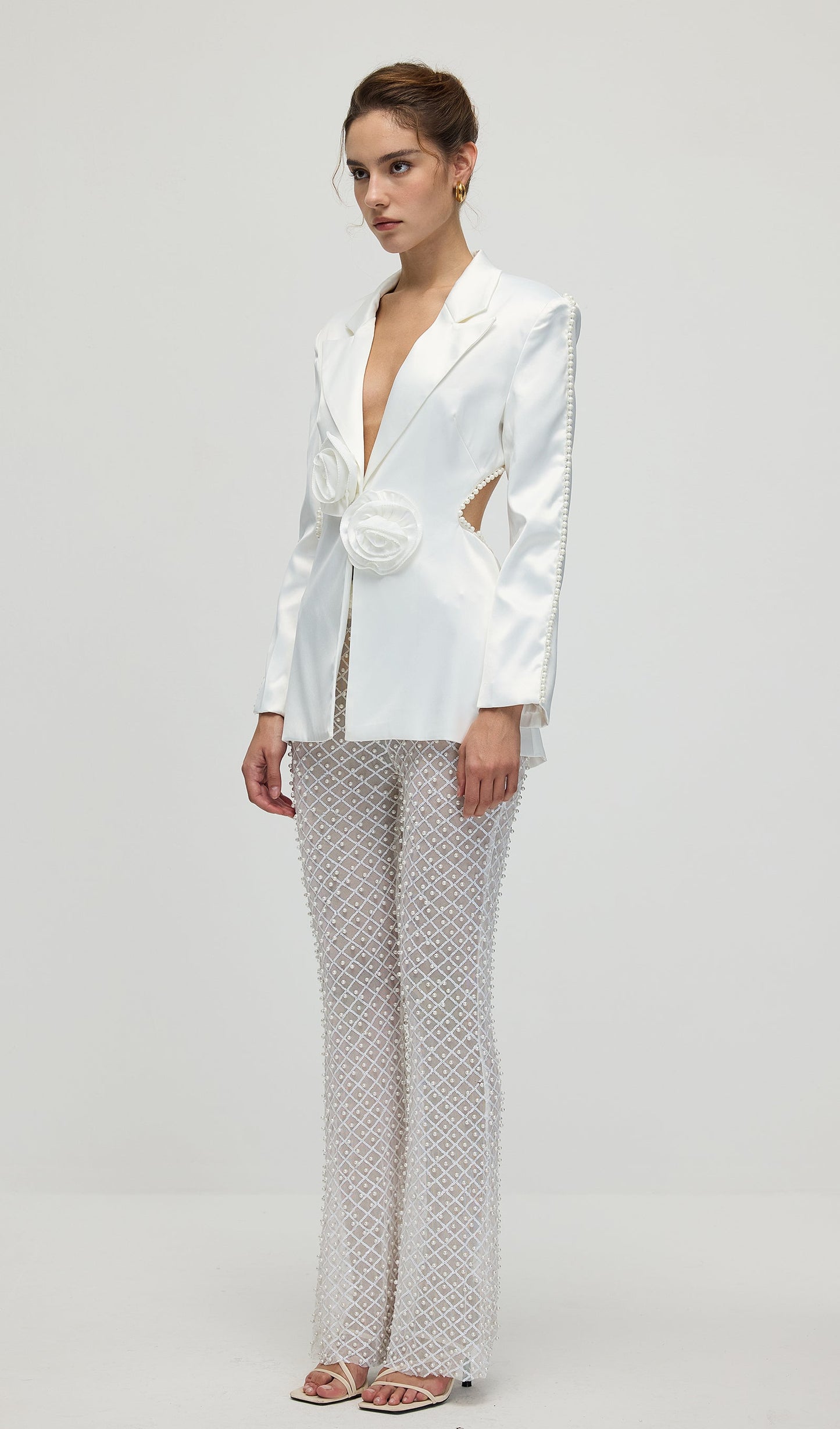 Faux-Pearl Floral Blazer & Trousers Set