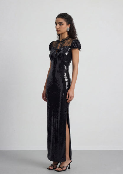 Sequin Cap Sleeve Gown With Lace Details