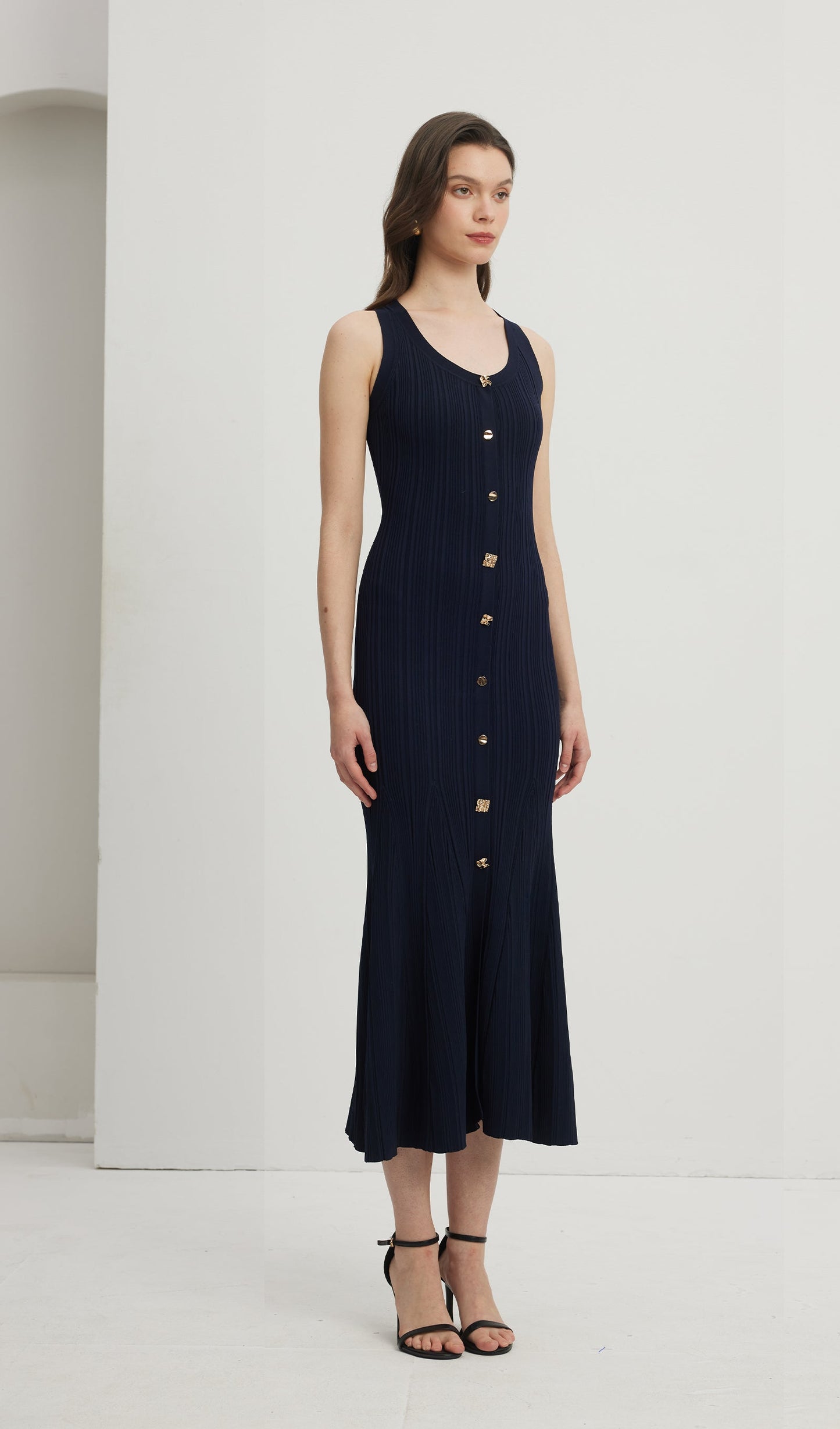 Metallic Button Knit Midi Dress