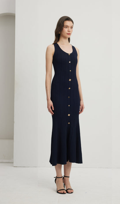 Metallic Button Knit Midi Dress