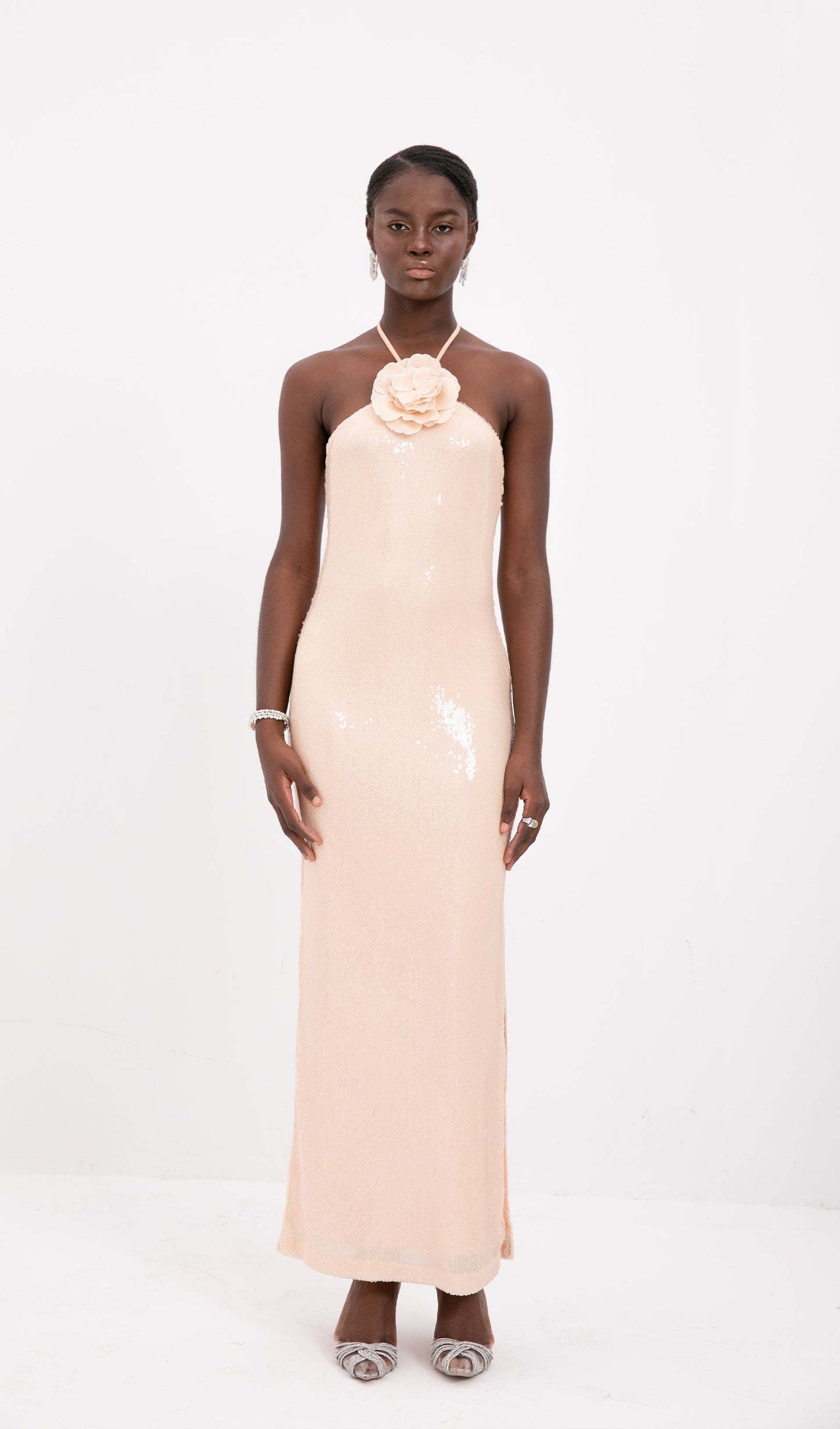 Trendy Floral Halter Neck Sequined Maxi Dress