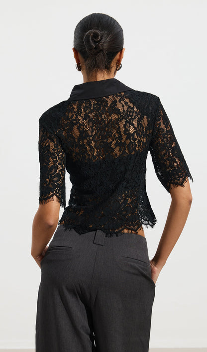Short Sleeved Lace Sheer Top