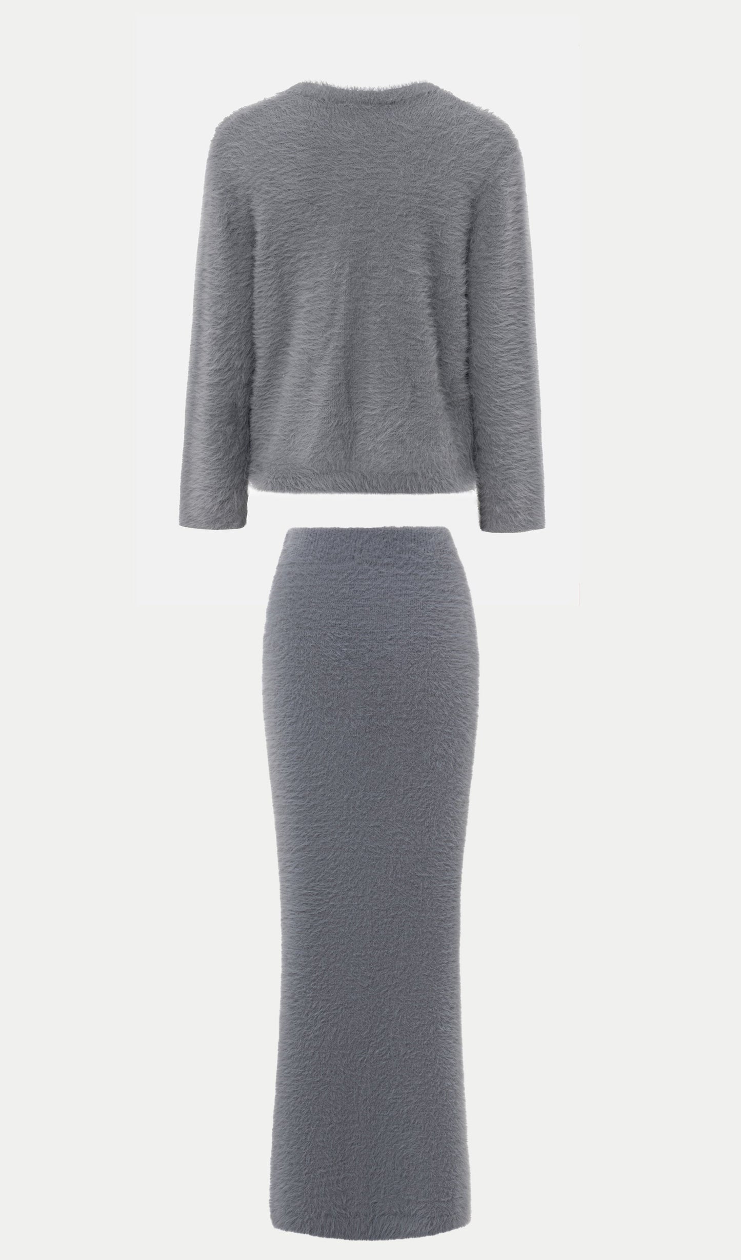 Fluffy Knitted Cardigan & Maxi Skirt Set In Grey