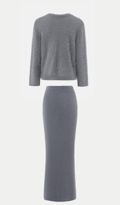 Fluffy Knitted Cardigan & Maxi Skirt Set In Grey