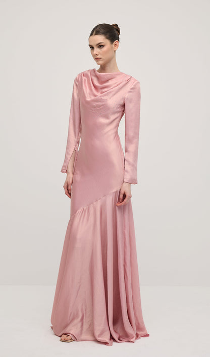 Fitted Satin With Rhinestones Maxi Dress In Pink